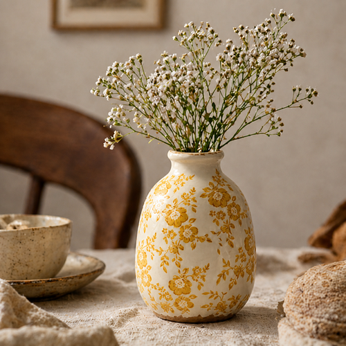 Vintage-Inspired Mustard Floral Ceramic Vase