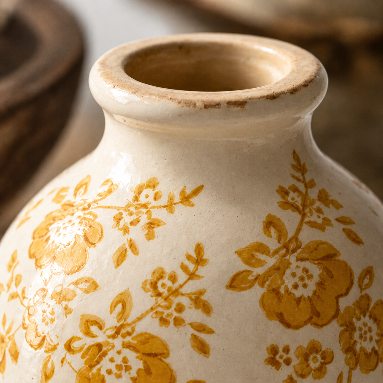 Vintage-Inspired Mustard Floral Ceramic Vase