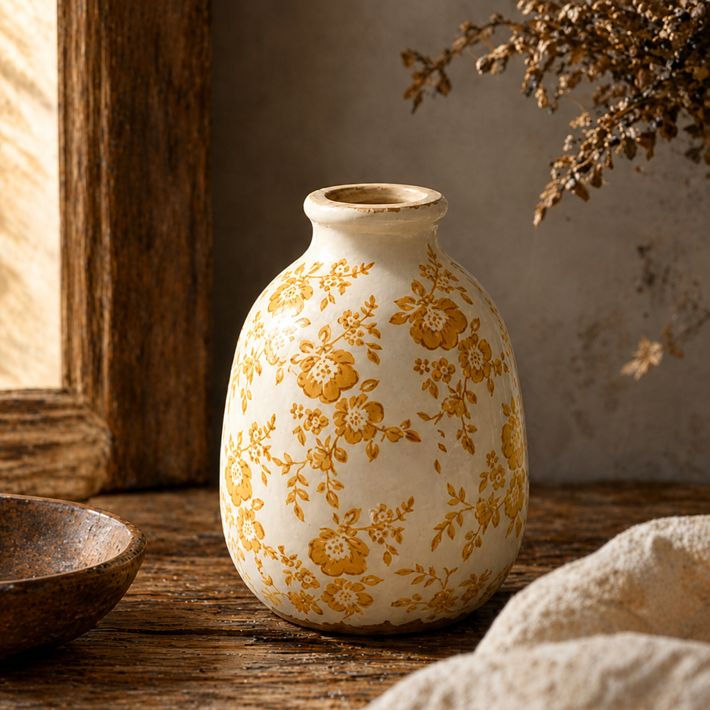 Vintage-Inspired Mustard Floral Ceramic Vase