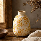 Vintage-Inspired Mustard Floral Ceramic Vase