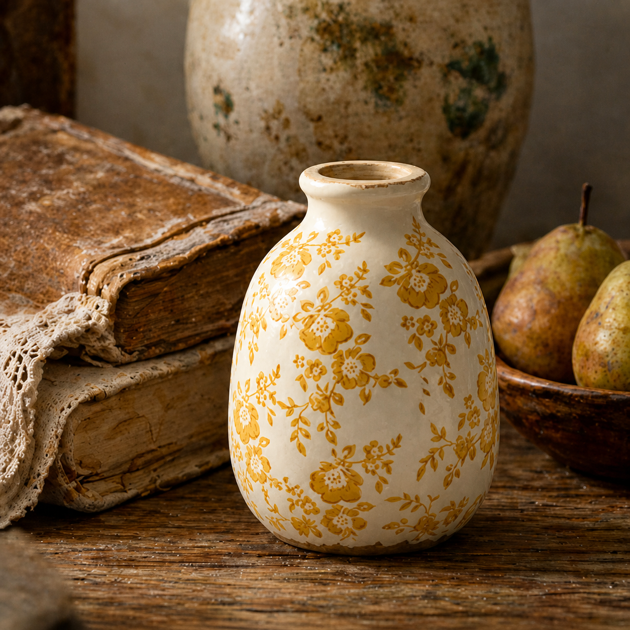 Vintage-Inspired Mustard Floral Ceramic Vase