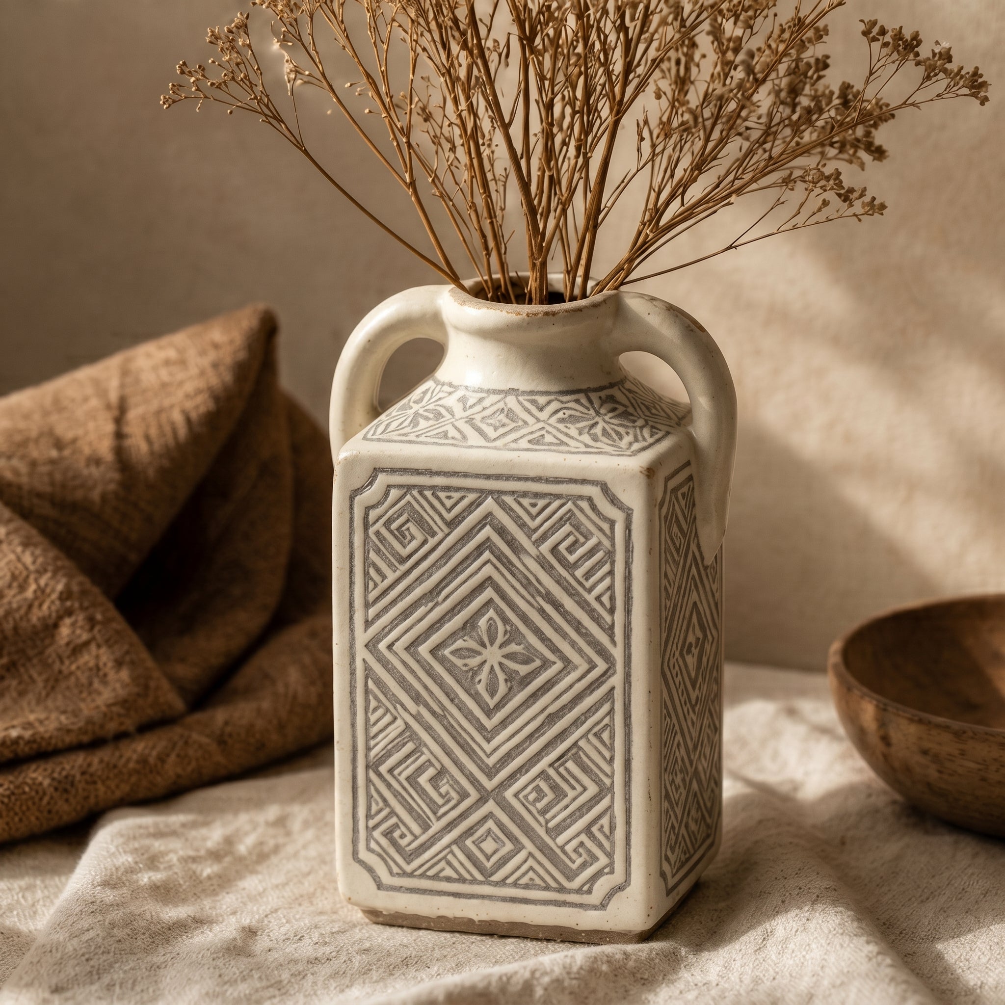 Vintage-Inspired Geometric Ceramic Handled Vase
