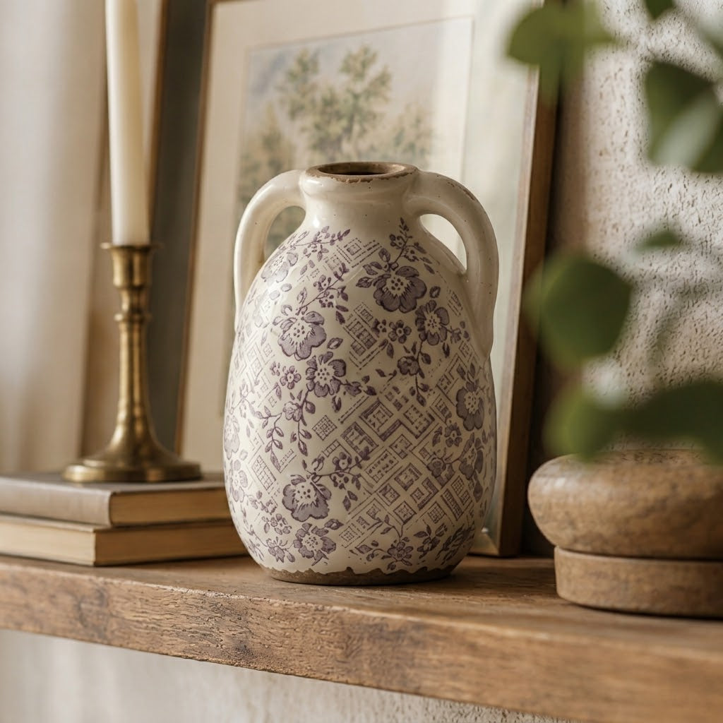 Rustic Plum Floral and Lattice Ceramic Vase