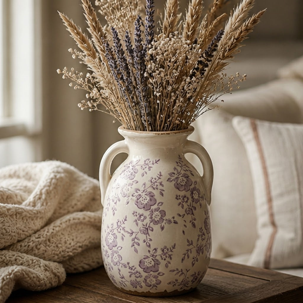 Rustic Lavender Floral Twin-Handled Ceramic Vase
