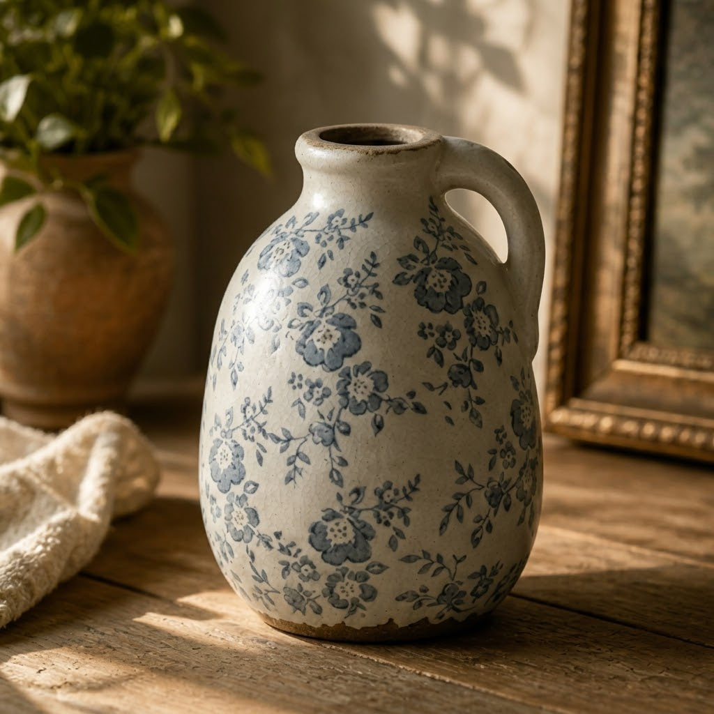 Rustic Slate Blue Floral Ceramic Pitcher Vase