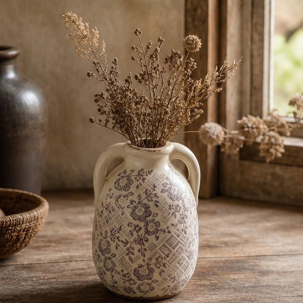 Rustic Plum Floral and Lattice Ceramic Vase