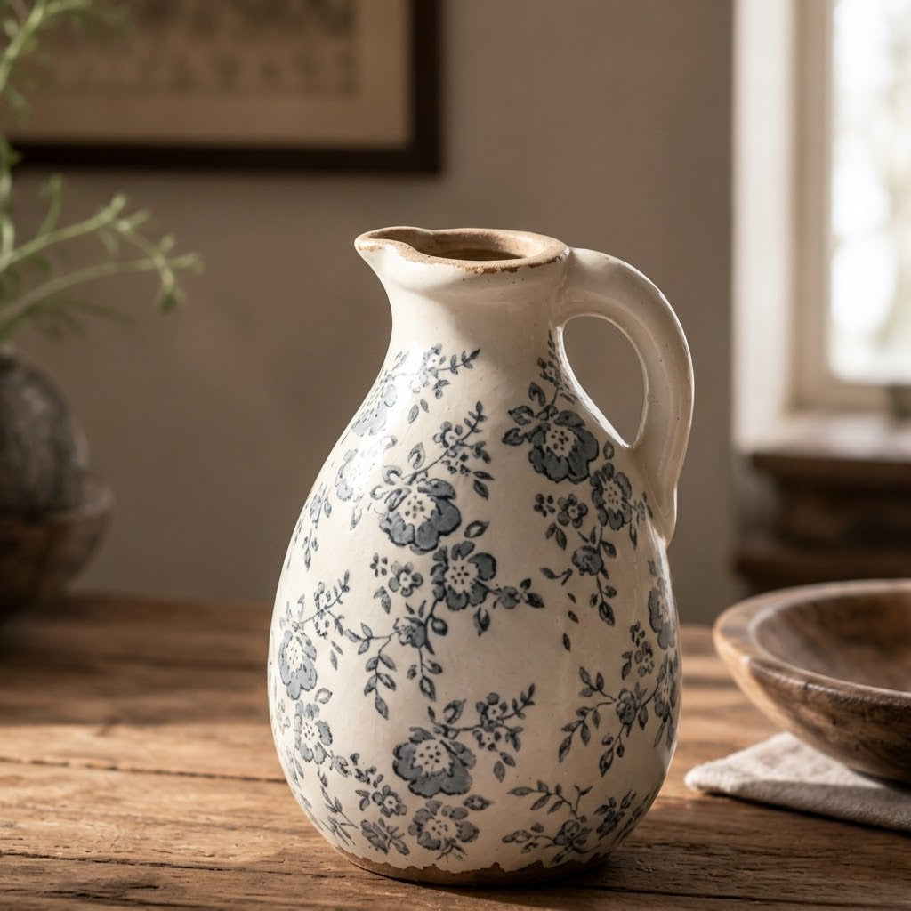 Rustic Slate Floral Ceramic Pitcher Vase