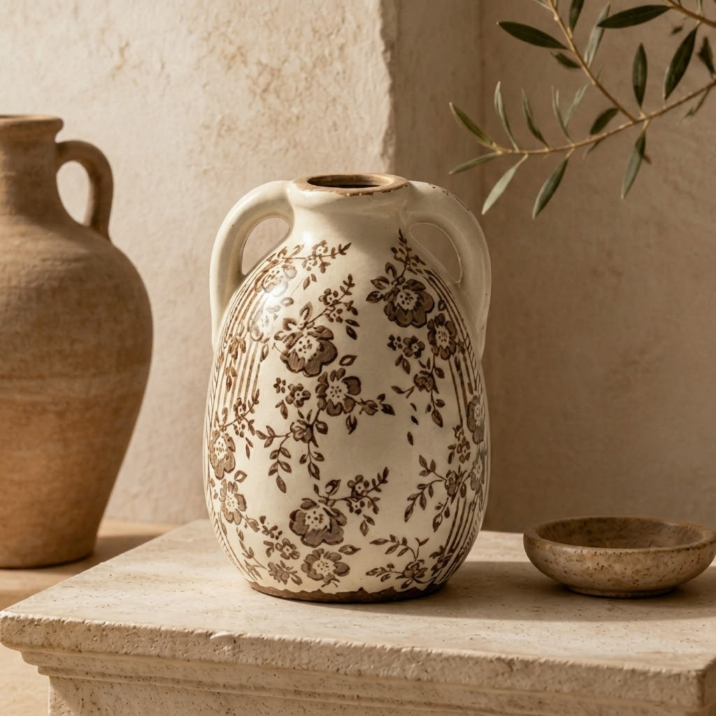 Rustic Sepia Floral and Stripe Twin-Handled Vase