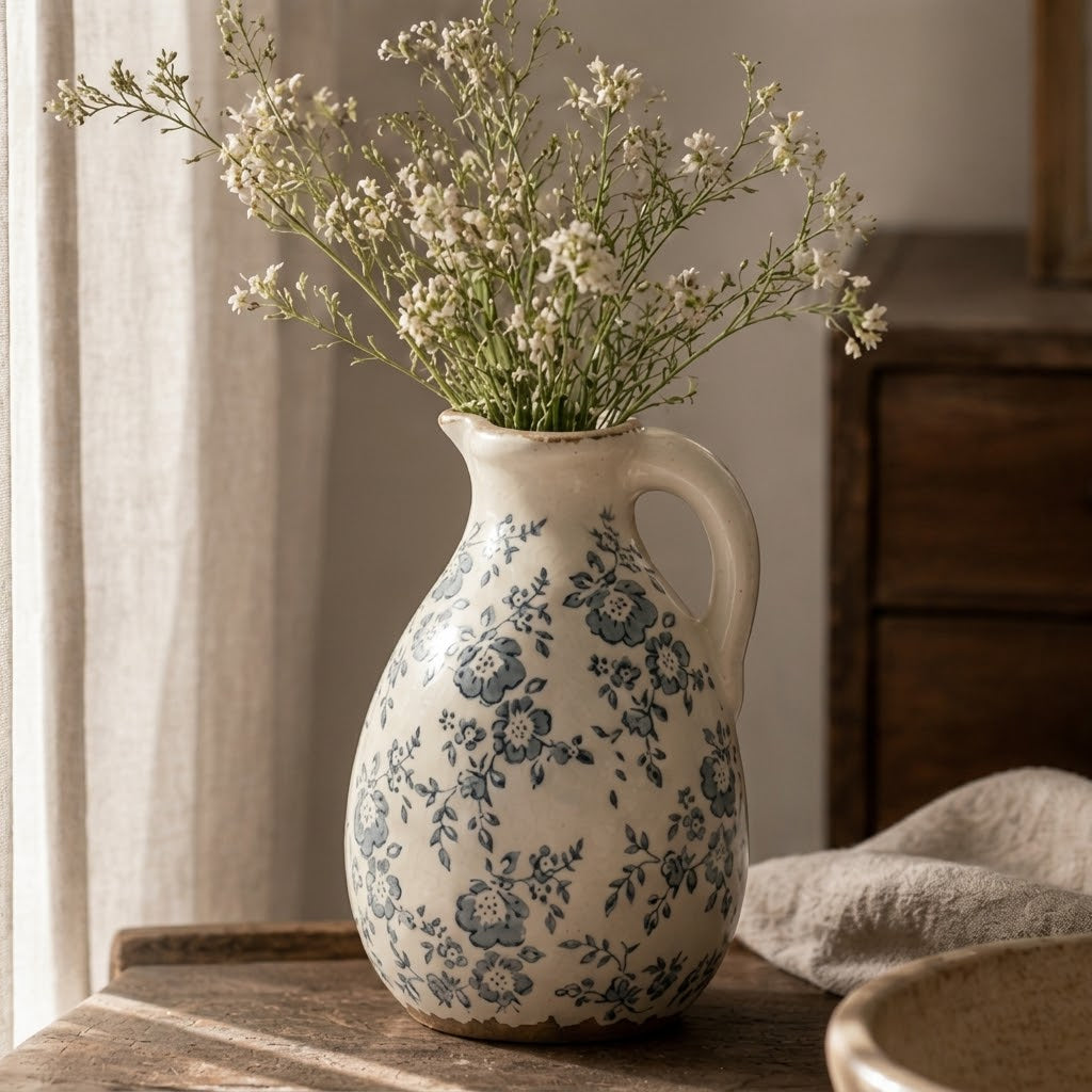 Rustic Slate Floral Ceramic Pitcher Vase