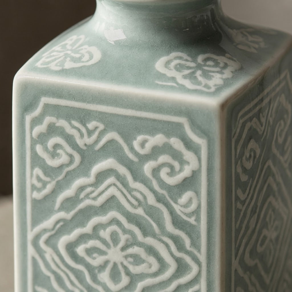 Vintage-Inspired Celadon Geometric Square Ceramic Vase