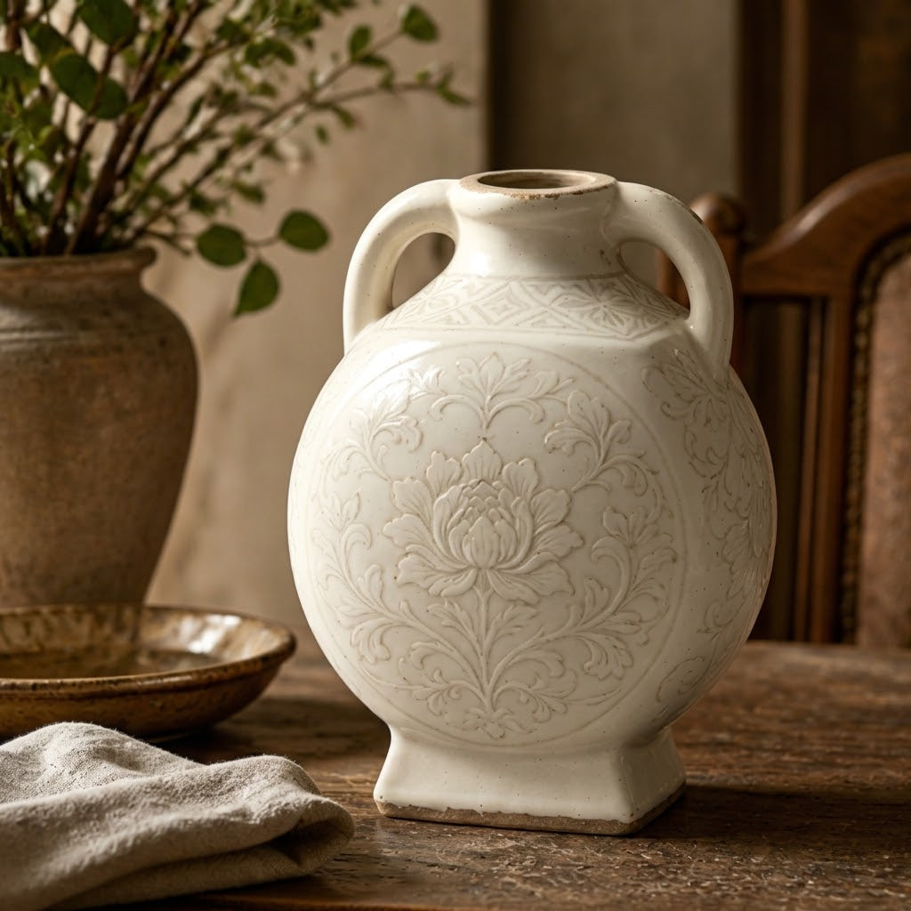 Vintage-Inspired Ivory Embossed Floral Ceramic Vase