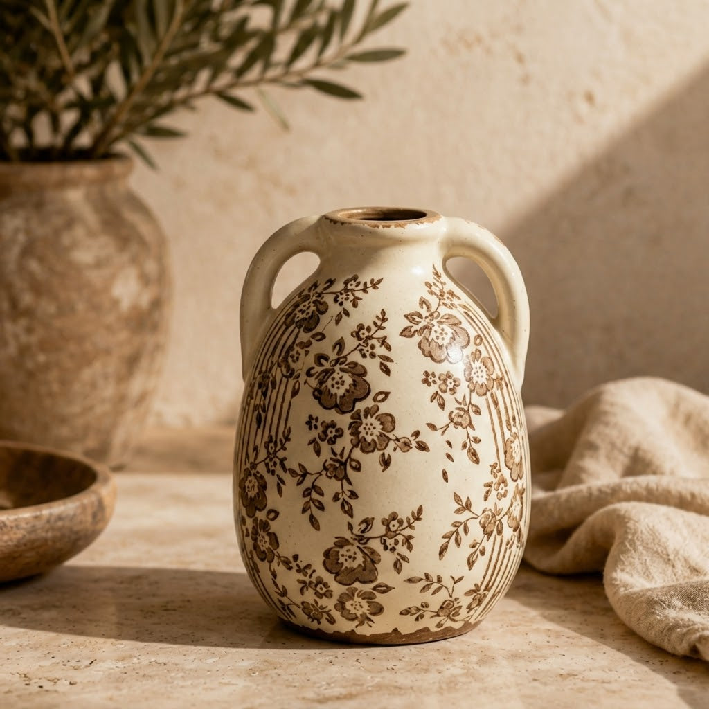 Rustic Sepia Floral and Stripe Twin-Handled Vase