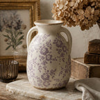 Rustic Lavender Floral Twin-Handled Ceramic Vase